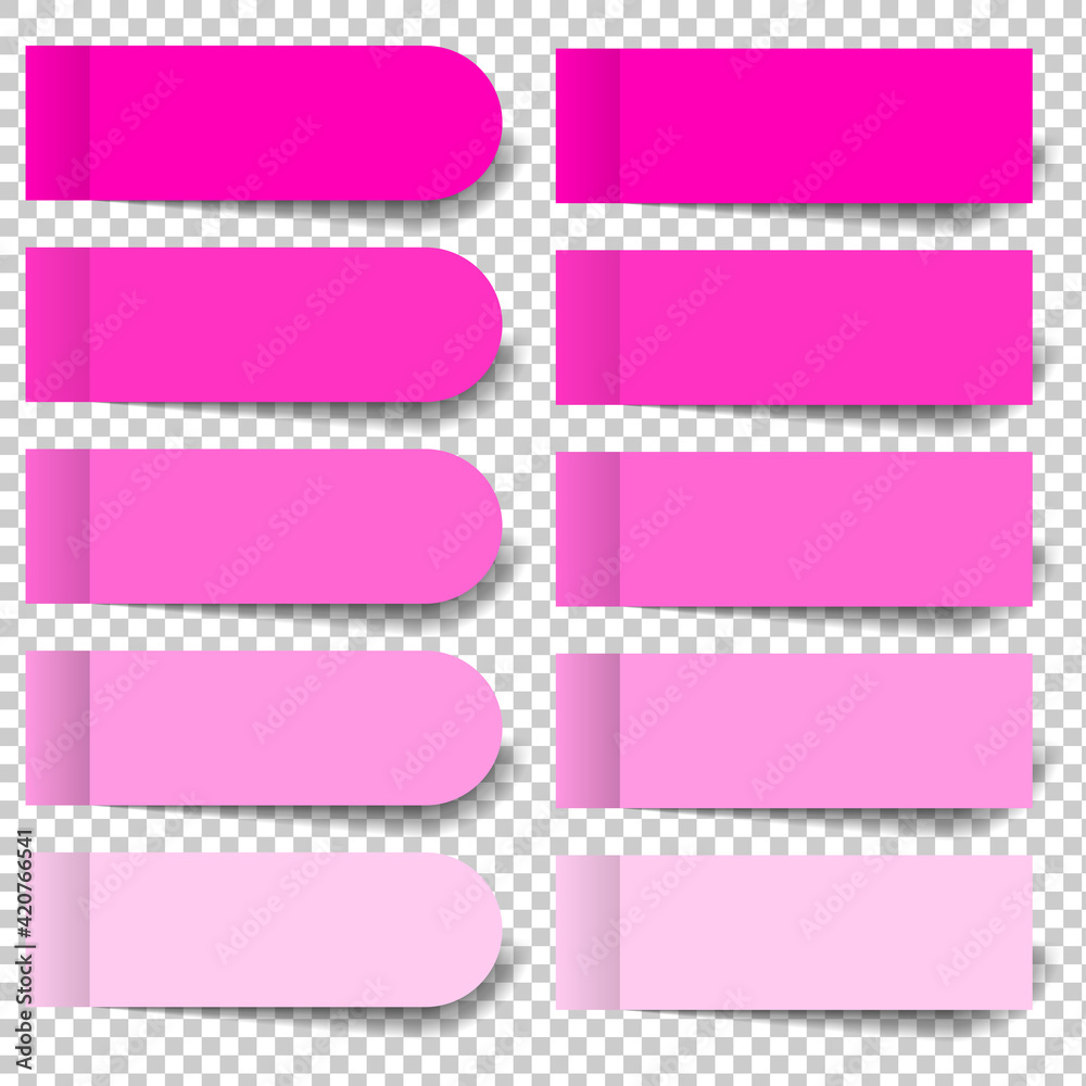 Set of pink pieces of stickers and rounded bookmarks isolated on a transparent background. Separate pieces of tape flat realistic illustration. Set of pink pieces of stickers and rounded bookmarks isolated on a transparent background. Separate pieces of tape flat realistic illustration.