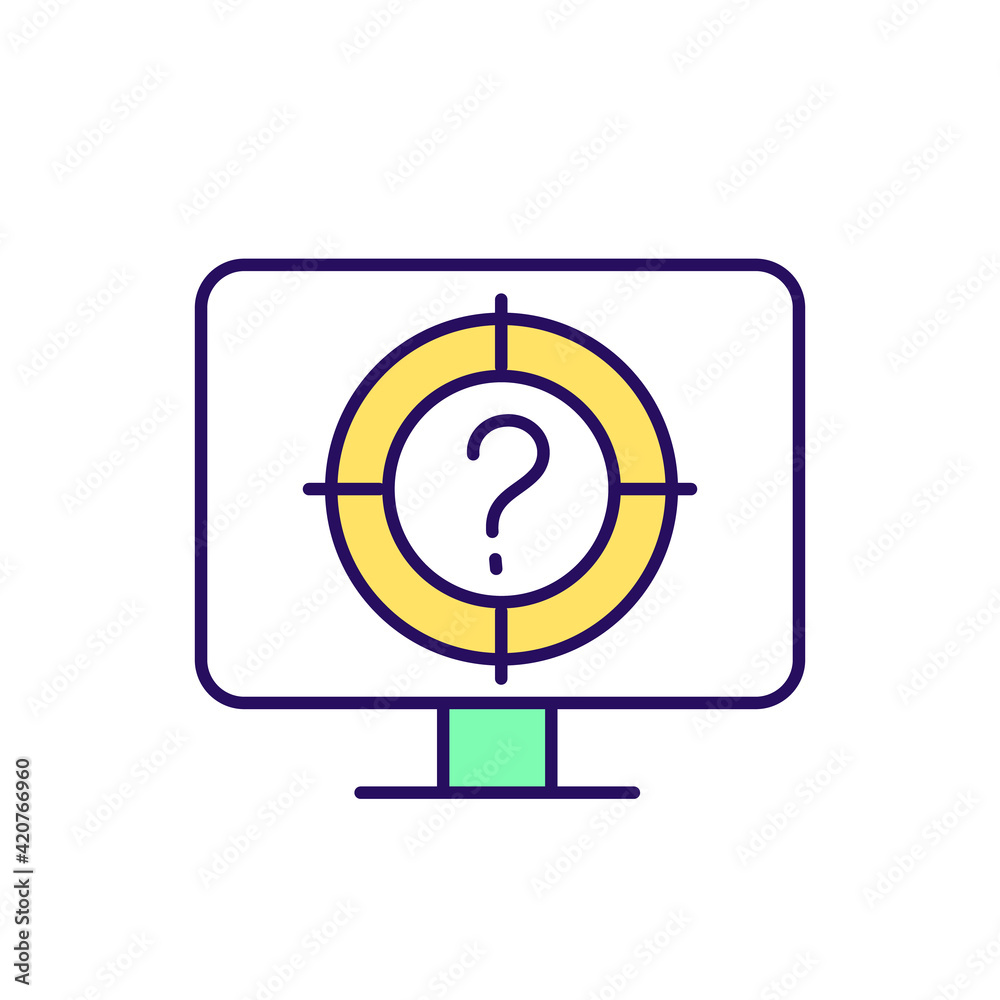 Online questionnaire RGB color icon. Computer screen with question mark. Internet problem. Find marketing solution online. Search for answer. Technology problem. Isolated vector illustration Online questionnaire RGB color icon. Computer screen with question mark. Internet problem. Find marketing solution online. Search for answer. Technology problem. Isolated vector illustration