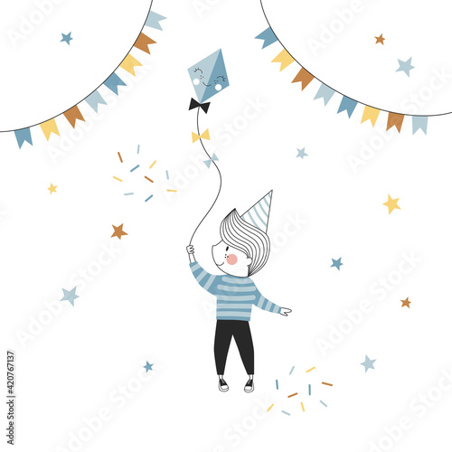 Birthday Boy vector illustration isolated on white background. Little kid fly retro kite design. Party Boy cartoon character clipart. Blue Boyish Party graphics