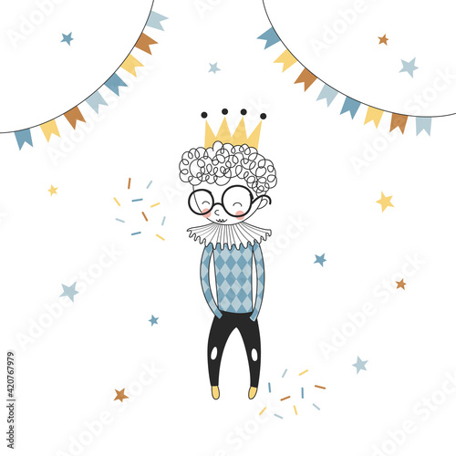 Birthday Boy prince vector illustration isolated on white background. Boys rules design. Party Boy cartoon character clipart. Blue Boyish Party graphics