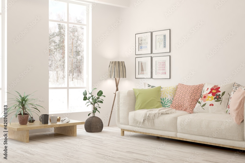 Fototapeta premium White living room with sofa. Scandinavian interior design. 3D illustration