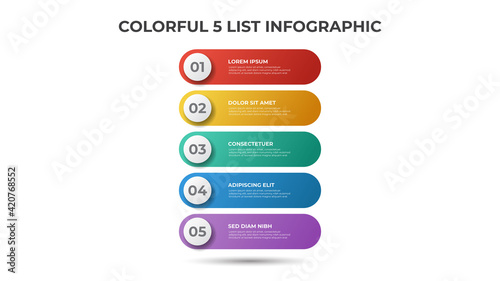 Colorful 5 points of list diagram, infographic element template vector.