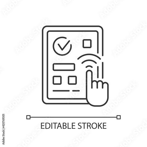 Predictive touch technology linear icon. Device keeps people hands away from public displays. Thin line customizable illustration. Contour symbol. Vector isolated outline drawing. Editable stroke