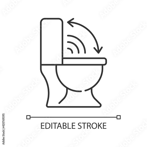 Touchless toilet seat linear icon. Smart home lid cover device that will lift up automatically. Thin line customizable illustration. Contour symbol. Vector isolated outline drawing. Editable stroke