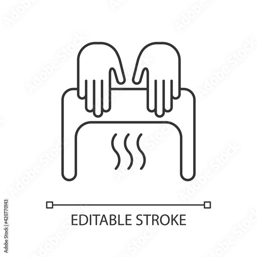 Automatic hand dryer linear icon. User never touches device and it saves energy. Thin line customizable illustration. Contour symbol. Vector isolated outline drawing. Editable stroke