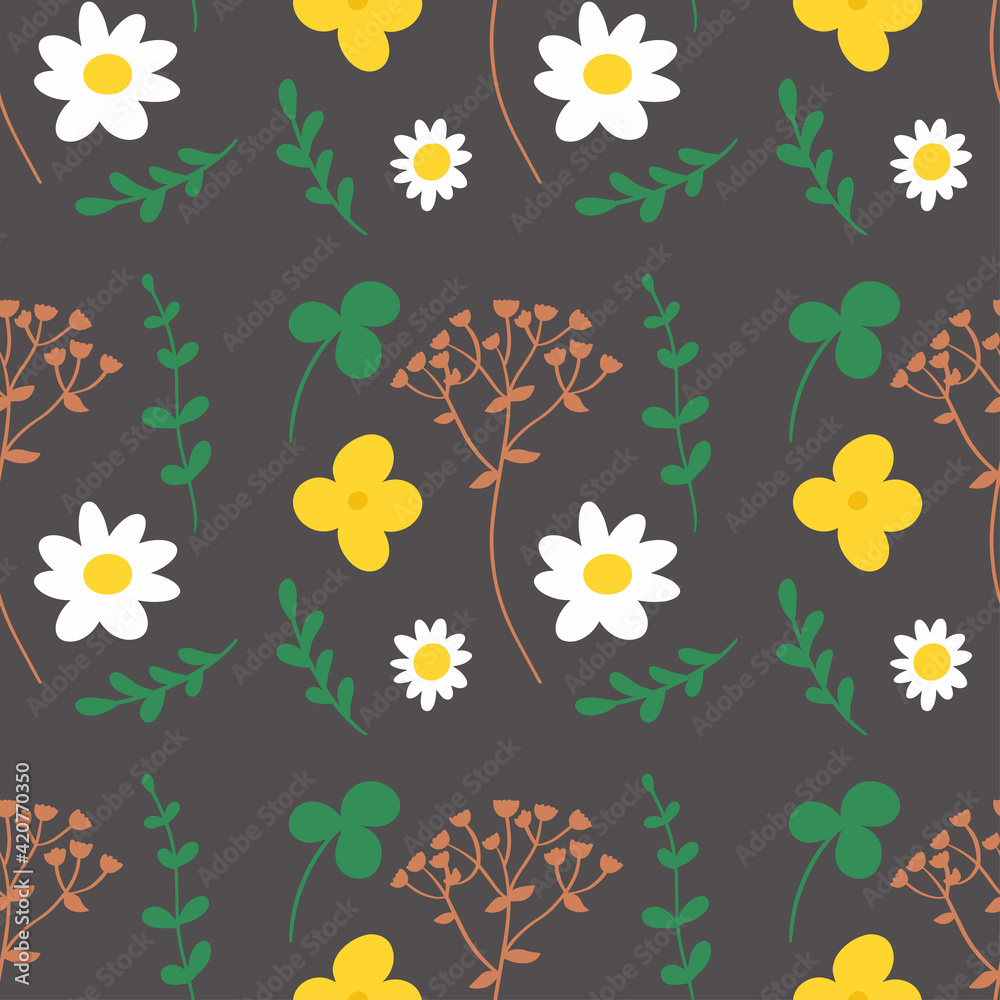 Obraz premium Seamless pattern with wildflowers. Vector illustration in simple hand drawn style