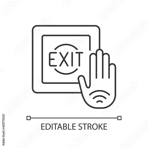 No touch exit switch linear icon. Button with infrared sensor which allows user to unlock door. Thin line customizable illustration. Contour symbol. Vector isolated outline drawing. Editable stroke