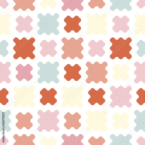 Vector abstract geometric seamless pattern. Simple texture with colorful organic shapes, curved mesh, grid. Stylish abstract background. Vintage pastel colors. Repeat design for decor, fabric, print
