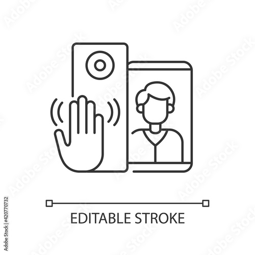 Video intercoms linear icon. Sensor technology capable of detecting gestures that trigger bell. Thin line customizable illustration. Contour symbol. Vector isolated outline drawing. Editable stroke