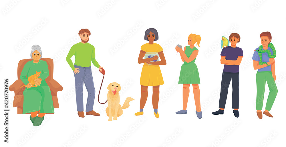 set of pets and their owners. happy pet owners. pet store concept. domestic cats, rats, parrots, snakes, fish and dogs. domestic animals. vector flat. isolated