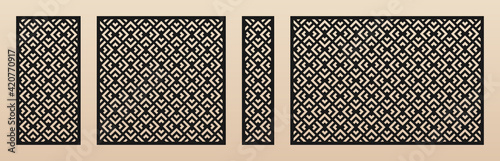 Decorative panels for laser cutting. Abstract geometric pattern with squares, triangles, diamond grid. Laser cut stencil for wood, metal, plastic, paper, acrylic panel. Aspect ratio 1:2, 1:1, 1:4, 3:2