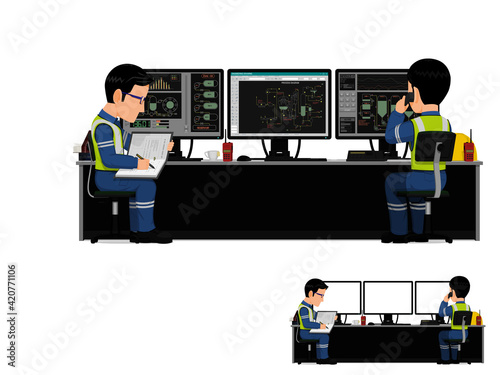 Two workers are working in control room