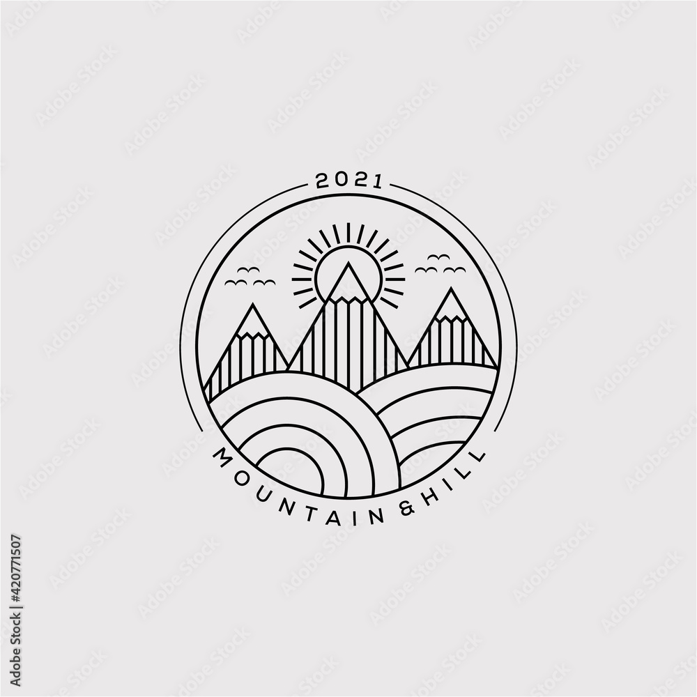 minimalist mountain, sunburst, and hill line art logo vector illustration design