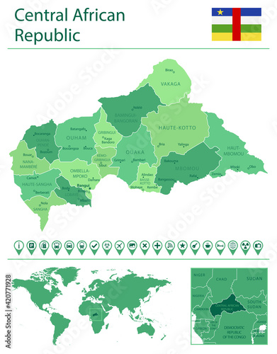 Central African Republic detailed map and flag. Central African Republic on world map.