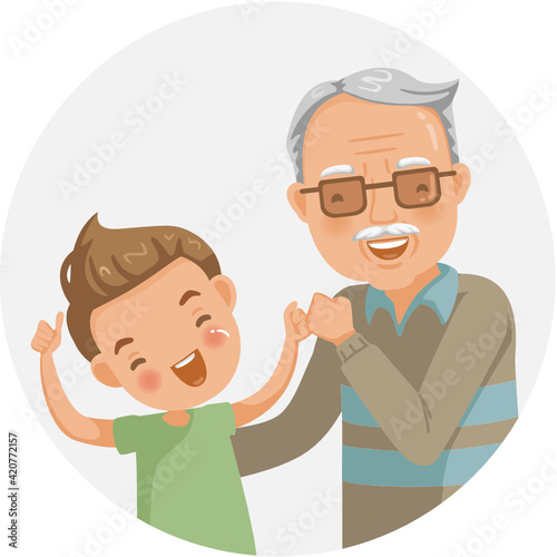 Grandfather and grandson are fist bump. Happy smile. Family relationships, the elderly and children's illustration for grandpa and the elderly.