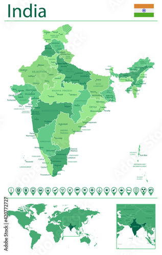 India detailed map and flag. India on world map.