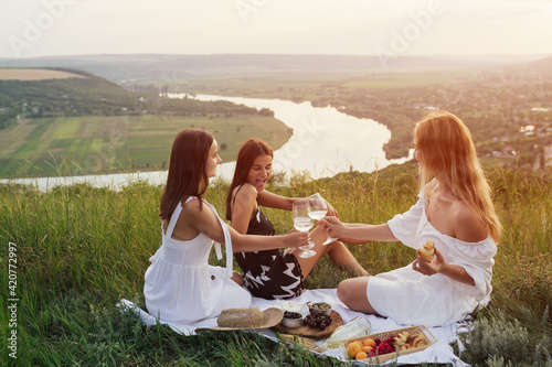 Cheerful female friends clink glasses of wine on the hill with beautiful landscape on the background. © eduard