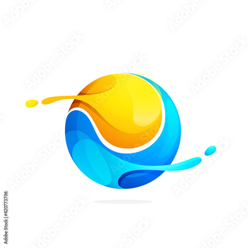 Abstract sphere logo with ocean waves and sand beach.