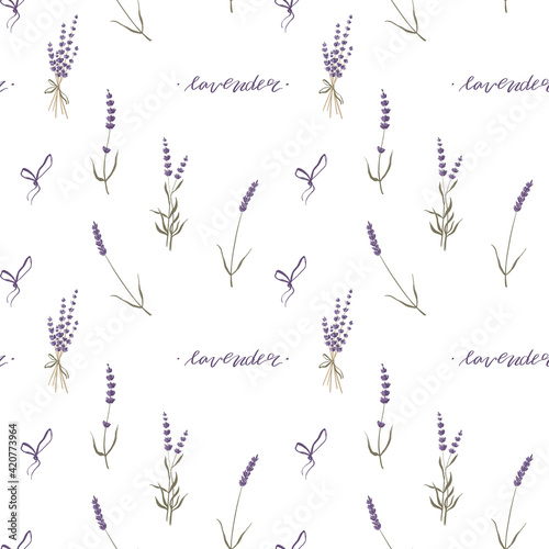 Lavender flower branches square seamless pattern isolate on white background. Pencil color digital sketch. Wrapping paper print  textiles  profance  kitchen  dishes  stationery  perfume