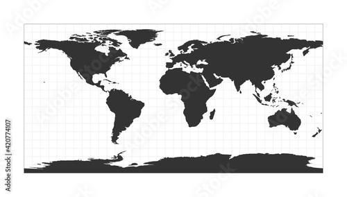 Map of The World. Equirectangular  plate carree  projection. Globe with latitude and longitude net. World map on meridians and parallels background. Vector illustration.