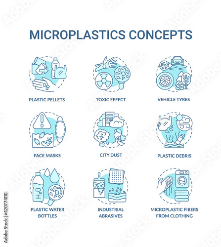 Microplastics concept icons set. Top environmental challenges idea thin line RGB color illustrations. Avoiding microplastics tips. Planet saving. Vector isolated outline drawings. Editable stroke