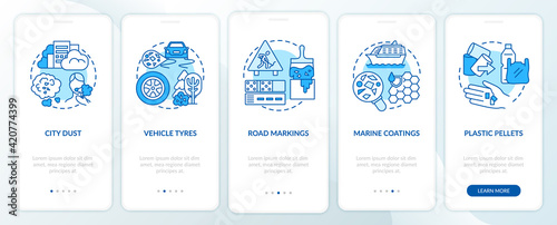 Microplastics sources onboarding mobile app page screen with concepts. Vehicle tyres walkthrough 5 steps graphic instructions. Vehicle tyres. UI vector template with RGB color illustrations