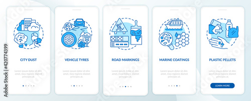 Microplastics sources onboarding mobile app page screen with concepts. Vehicle tyres walkthrough 5 steps graphic instructions. Vehicle tyres. UI vector template with RGB color illustrations