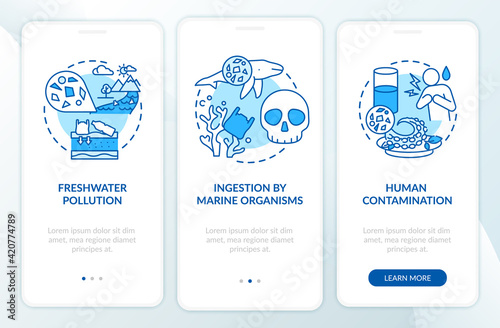 Microplastics effects onboarding mobile app page screen with concepts. Human contamination walkthrough 3 steps graphic instructions. UI vector template with RGB color illustrations