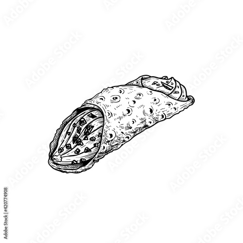 Hand drawn sketch style Italian dessert cannoli. Fried sweet pastry and ricotta cheese cream. Chocolate crispies decorated. Traditional Italian and Sicilian sweets. Vector illustration.