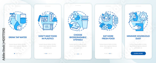 Avoiding microplastics tips onboarding mobile app page screen with concepts. Drink tap water walkthrough 5 steps graphic instructions. UI vector template with RGB color illustrations