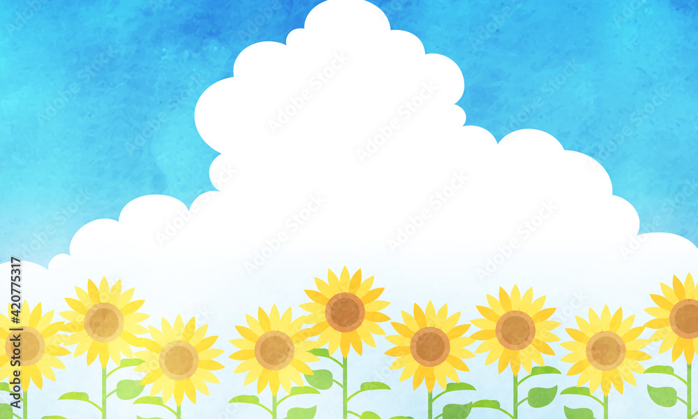 夏の入道雲と青空とひまわりの水彩風ベクターイラスト背景 コピースペース Stock Vector Adobe Stock