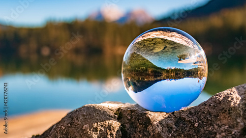 Crystal ball alpine landscape shot at the famous Hintersee, Ramsau, Berchtesgaden, Bavaria, Germany © Martin Erdniss