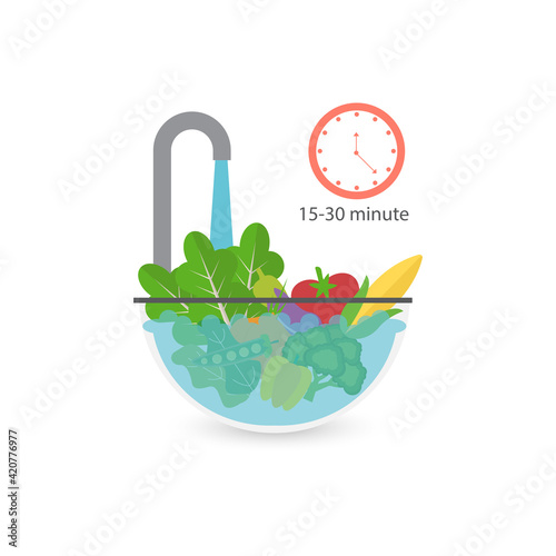 Clean vegetables and for cooking. Vegetables in water in bowl. Vector illustration.