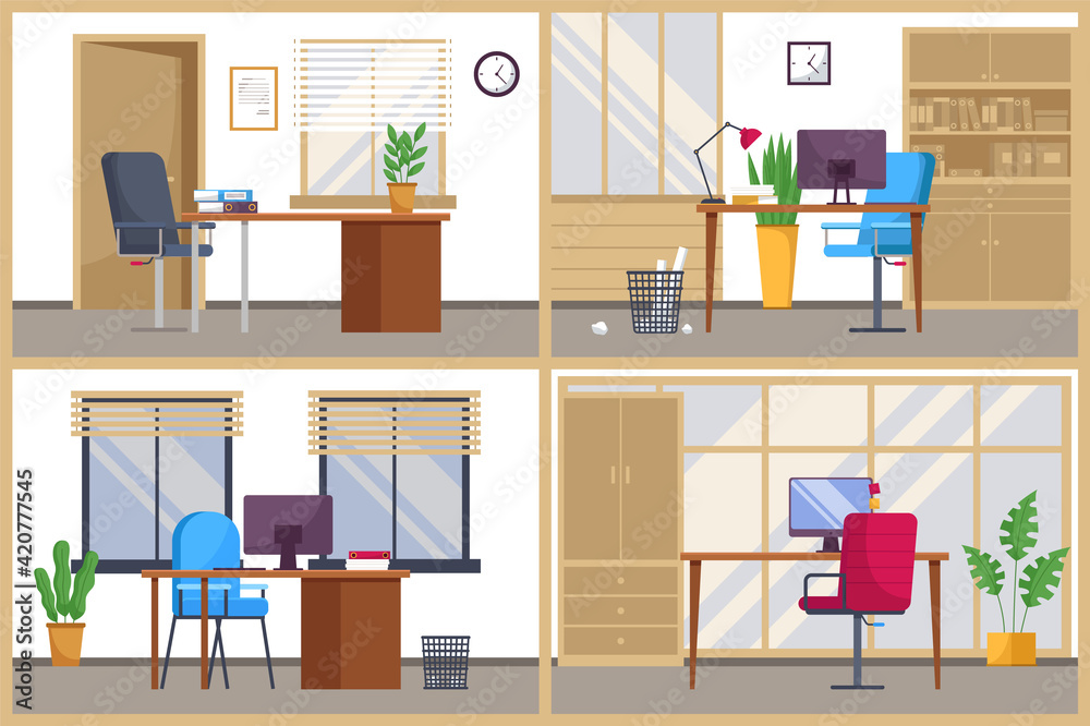 Modern workplace space for several workers. Office chair and desk with computer in comfortable room Modern workplace space for several workers. Office chair and desk with computer in comfortable room