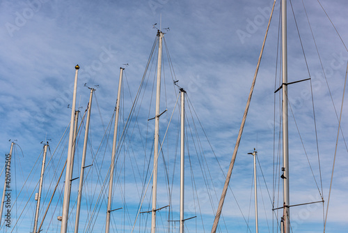 Masts of sailboats in winter lay up.
