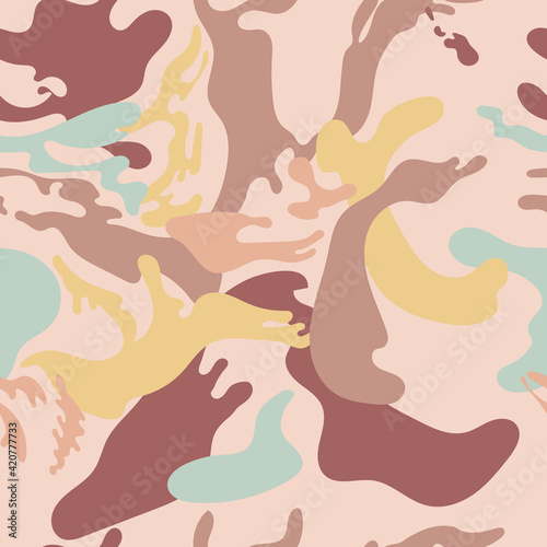 Abstract simple minimalistic liquid marble pattern. Flat design. Swirls of earth colors. Seamless background