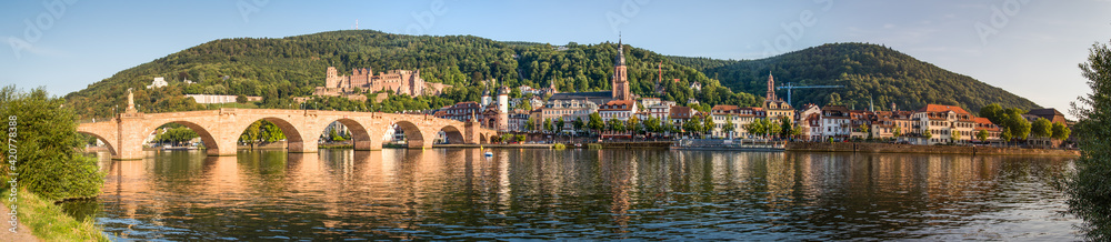 Heidelberg skyline panorama in summer with view of the Old Bridge and castle
