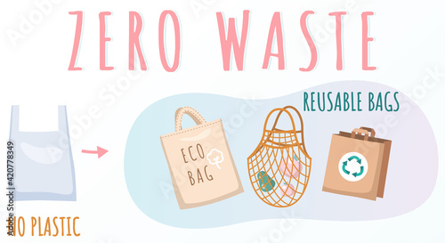 Reusable cloth packages instead of plastic containers vector illustration. Zero waste concept