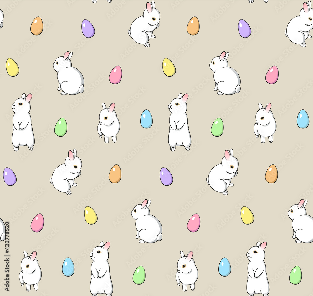 Easter holiday pattern with little white rabbits illustration and colorful traditional eggs on beige background. - Vector Easter holiday pattern with little white rabbits illustration and colorful traditional eggs on beige background. - Vector