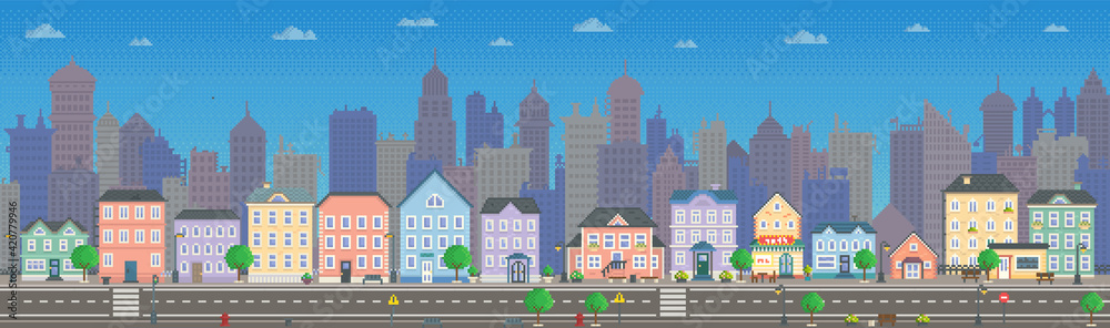 Plakat Empty city with long road along houses vector illustration. City downtown landscape in pixel style