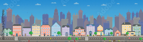 Empty city with long road along houses vector illustration. City downtown landscape in pixel style