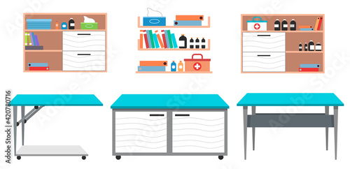 Veterinary clinic equipment. Surgical table on wheels, cabinet, shelves with vet items. Pet care