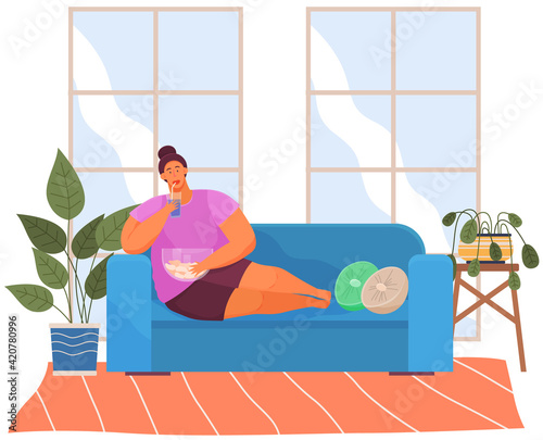 Overweight girl resting on sofa at home and has bad lifestyle. Fat young woman eating junk food
