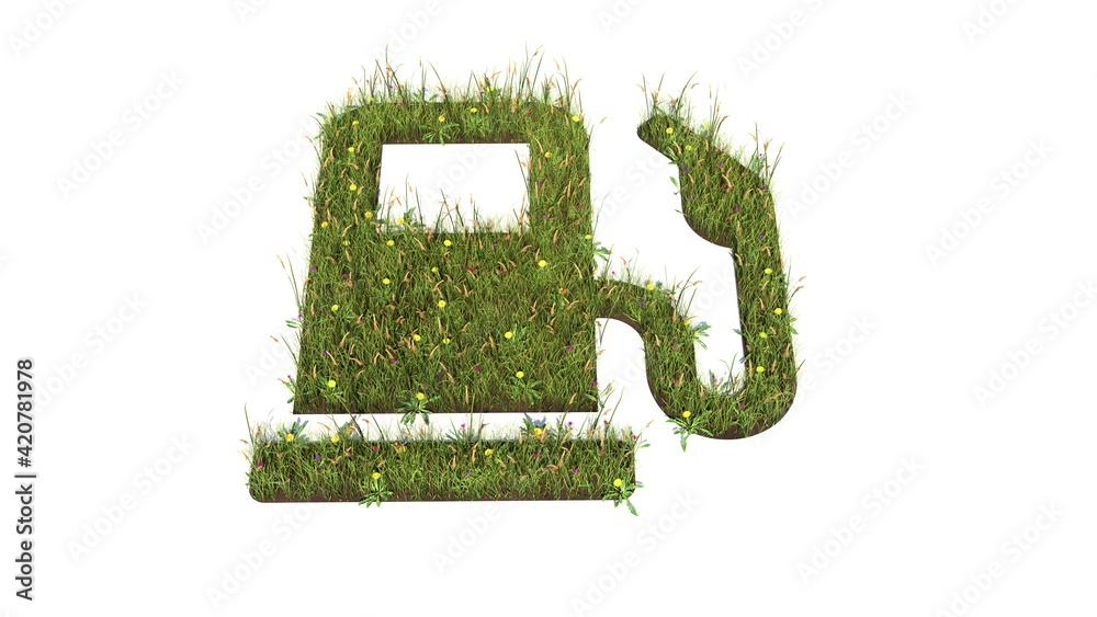 3d rendered grass field of symbol of gas pump isolated on white background