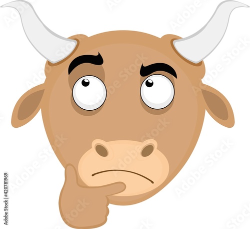 Vector emoticon illustration of the head of a cartoon bull with an expression and a thinking gesture with his hand on his face