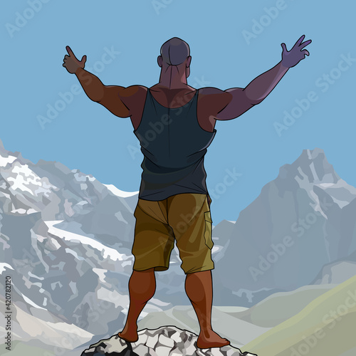 cartoon muscular man standing high in the mountains