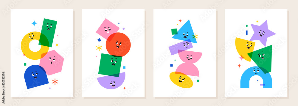 Cute cartoon geometric figures with different face emotions, funny poster idea for kids. Colorful characters, trendy vector illustrations, basic various figures for children education. Cute cartoon geometric figures with different face emotions, funny poster idea for kids. Colorful characters, trendy vector illustrations, basic various figures for children education.
