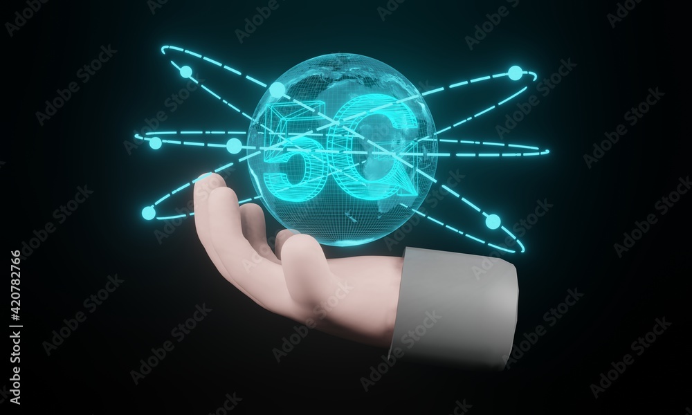 3d rendering. Cartoon hand holding the Hologram present world 5G map on black background. the concept of communication network