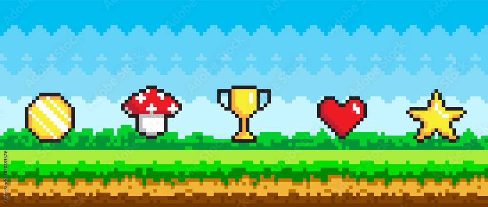 Pixel art game background with reward object in air. Pixel-game scene with grass and awards in sky