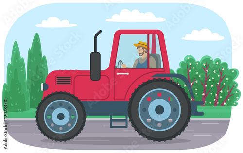 Agricultural machine for cultivation. Man driving tractor. Farming machine for working in field